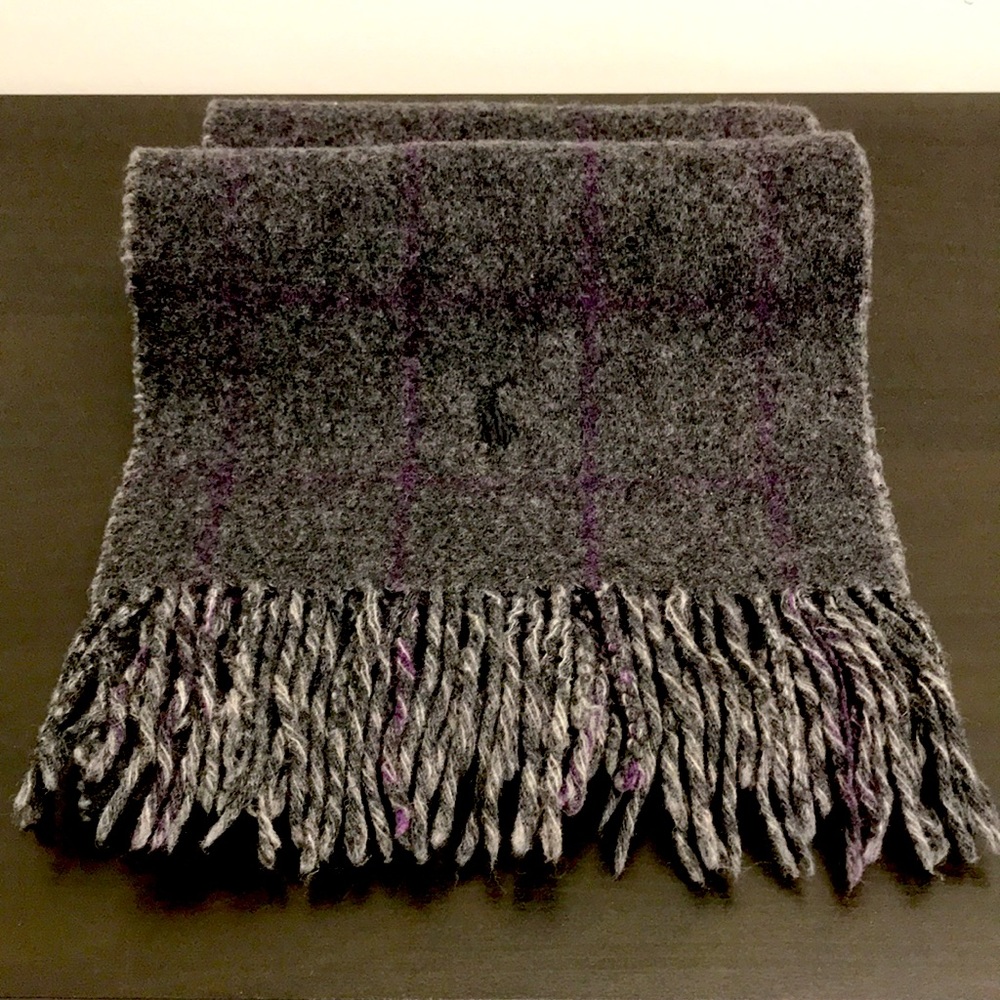 Ralph Lauren fringed gray/purple wool window pane reversible scarf Italy…